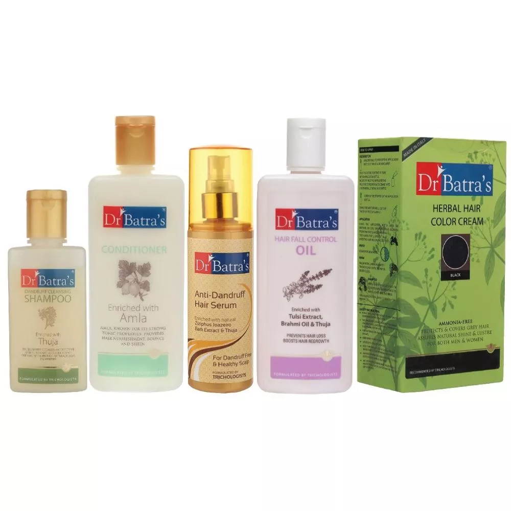 Buy Dr Batras Anti Dandruff Hair Serum, Conditioner, Hair Fall Control Oil,  Herbal Hair Color Cream Black & Dandruff Cleansing Shampoo Combo Online -  10% Off! 