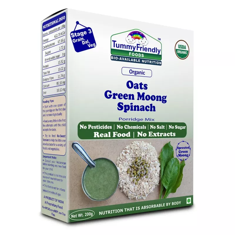 Tummy Friendly Foods Oats Green Moong Spinach Porridge Mix Organic Baby  Food for Months Old (200g)