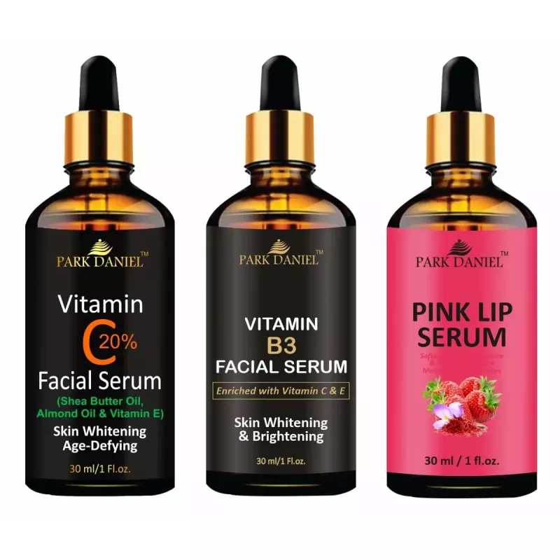 Park Daniel Vitamin C Facial Serum + Vitamin B3 Facial Serum + Pink Lip  Serum Combo (30ml Each) (1Pack)