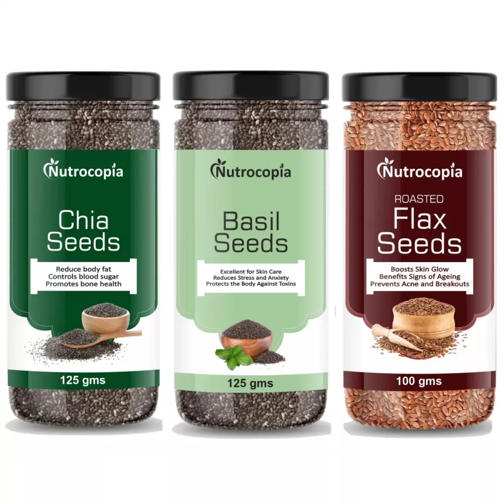 Buy Nutrocopia Chia Seeds Basil Seeds Roasteed Flax Seeds