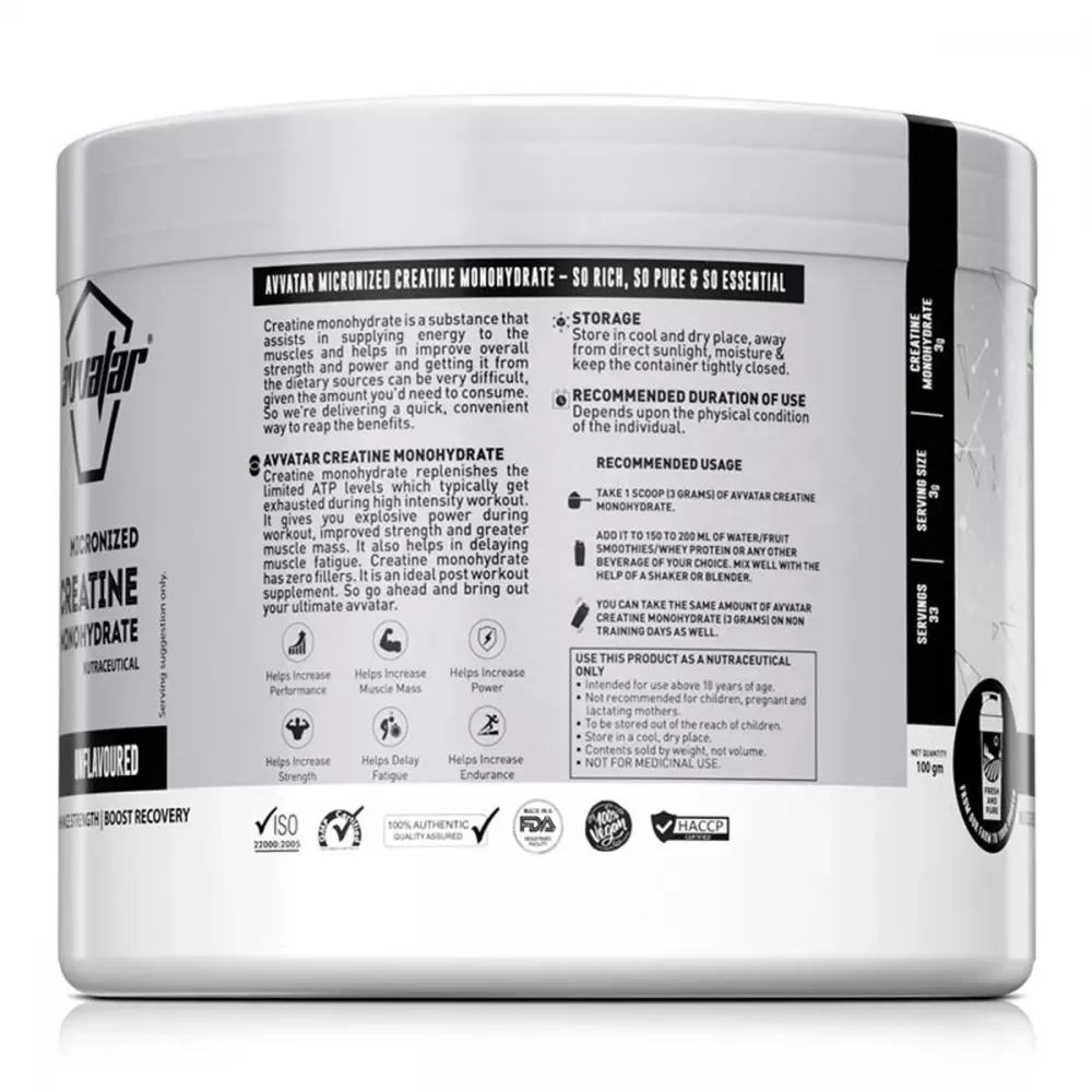 Avvatar Micronized Creatine Monohydrate Powder Unflavored (100g)