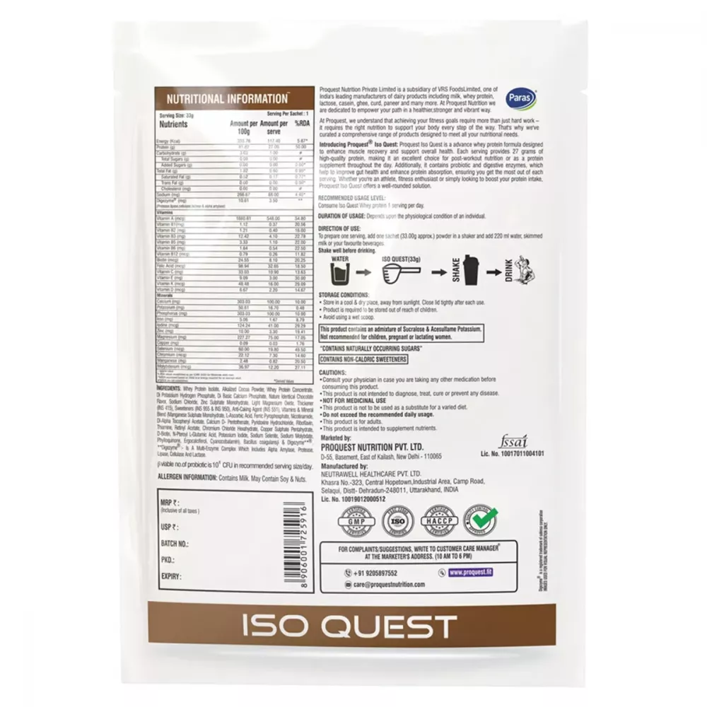 Proquest Nutrition Iso Quest Isolate Whey Protein Milk Chocolate (33g)