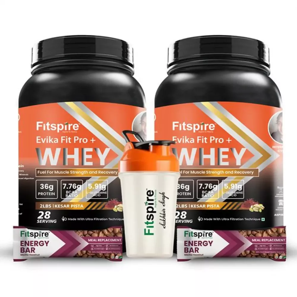 Fitspire Evika Fit Pro Plus Whey Protein Kesar Pista & Energy Bars Mocha Hazelnut With Shaker (Evika Fit Pro plus Whey 2lb + Energy Bar 35g) Kesar Pista (1Pack, Pack of 2)