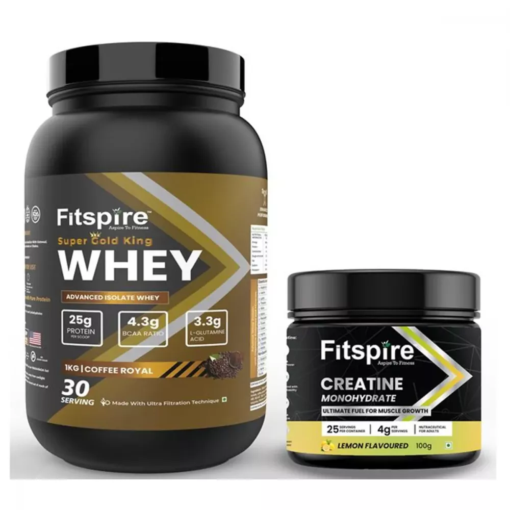 Fitspire Super Gold King Advance Isolate Whey Protein Coffee Royal + Creatine Monohydrate Lemon (Super Gold king Whey 1kg + Creatine 100g) Coffee Royal (1Pack)