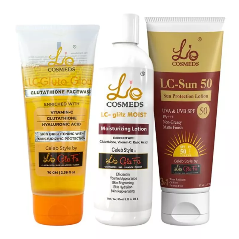 Buy Lio Cosmeds Lc Gluta Glow Glutathione Facewash + Lc Glitz Moist  Moisturizing Lotion + Lc Sun50 Sun Protection Lotion Online - 51% Off!